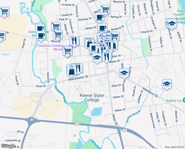 map of restaurants, bars, coffee shops, grocery stores, and more near 50 Blake Street in Keene