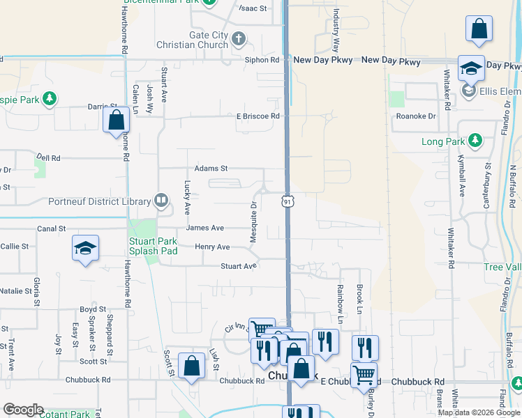 map of restaurants, bars, coffee shops, grocery stores, and more near 5249 Mesquite Drive in Chubbuck