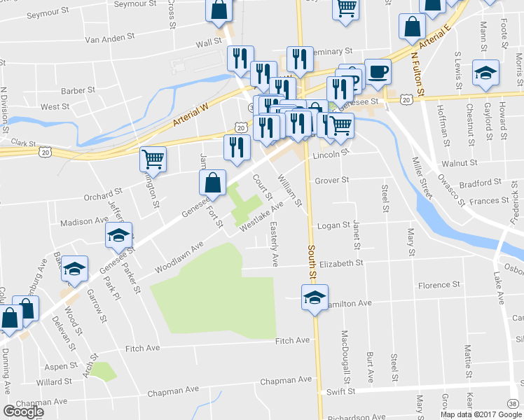 map of restaurants, bars, coffee shops, grocery stores, and more near 27 Westlake Avenue in Auburn
