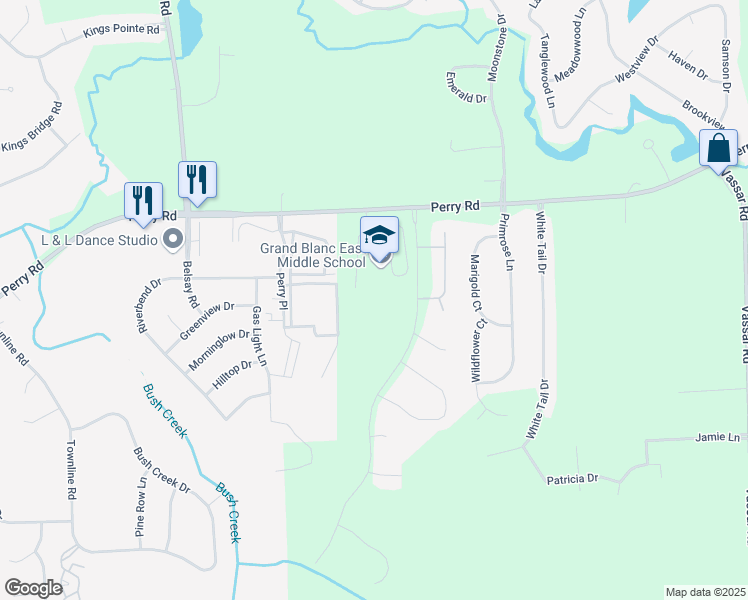 map of restaurants, bars, coffee shops, grocery stores, and more near 6100 Perry Road in Grand Blanc