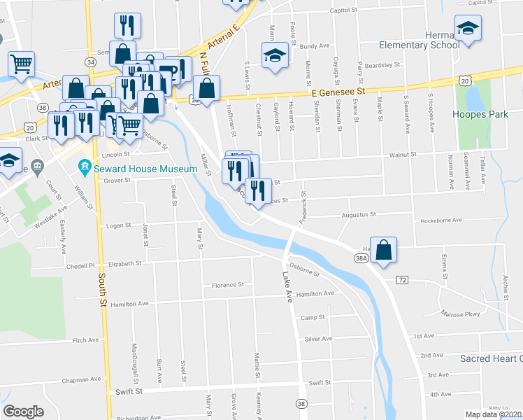 map of restaurants, bars, coffee shops, grocery stores, and more near 86 Owasco Street in Auburn