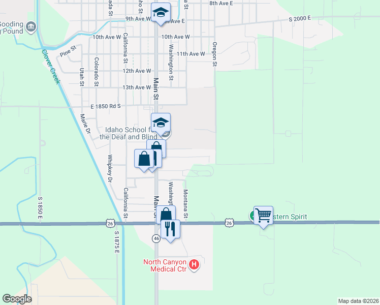 map of restaurants, bars, coffee shops, grocery stores, and more near 416 Orchard Drive East in Gooding