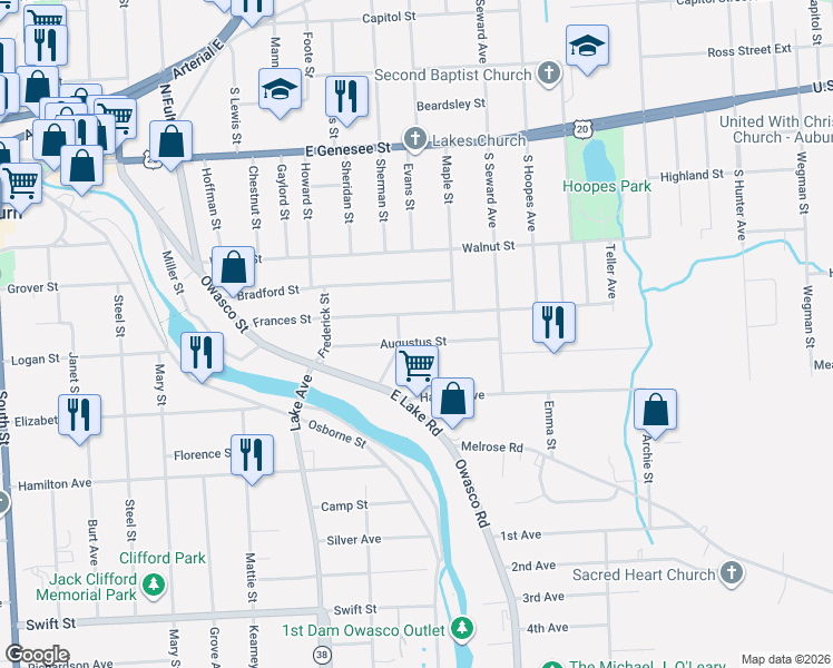 map of restaurants, bars, coffee shops, grocery stores, and more near 62 Frances Street in Auburn