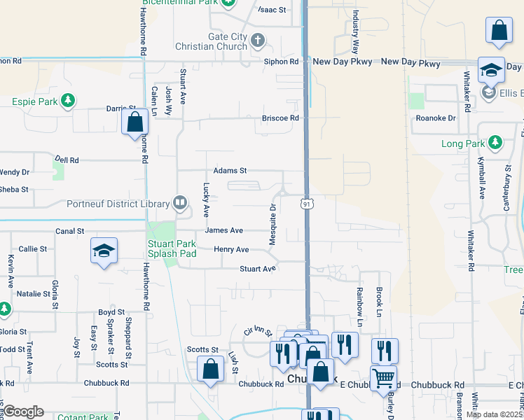 map of restaurants, bars, coffee shops, grocery stores, and more near 5249 Mesquite Drive in Chubbuck