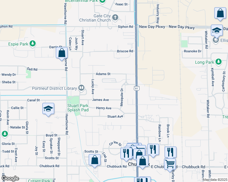 map of restaurants, bars, coffee shops, grocery stores, and more near 5229 Mesquite Drive in Chubbuck