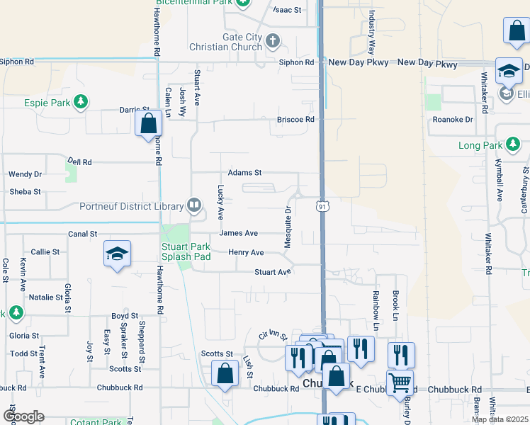 map of restaurants, bars, coffee shops, grocery stores, and more near 5229 Mesquite Drive in Chubbuck
