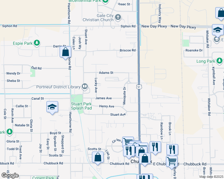 map of restaurants, bars, coffee shops, grocery stores, and more near 5229 Mesquite Drive in Chubbuck