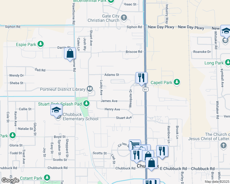map of restaurants, bars, coffee shops, grocery stores, and more near 5229 Mesquite Drive in Chubbuck