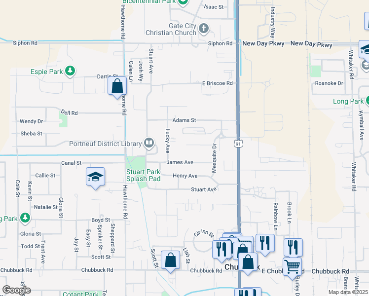 map of restaurants, bars, coffee shops, grocery stores, and more near 5253 Mesquite Drive in Pocatello
