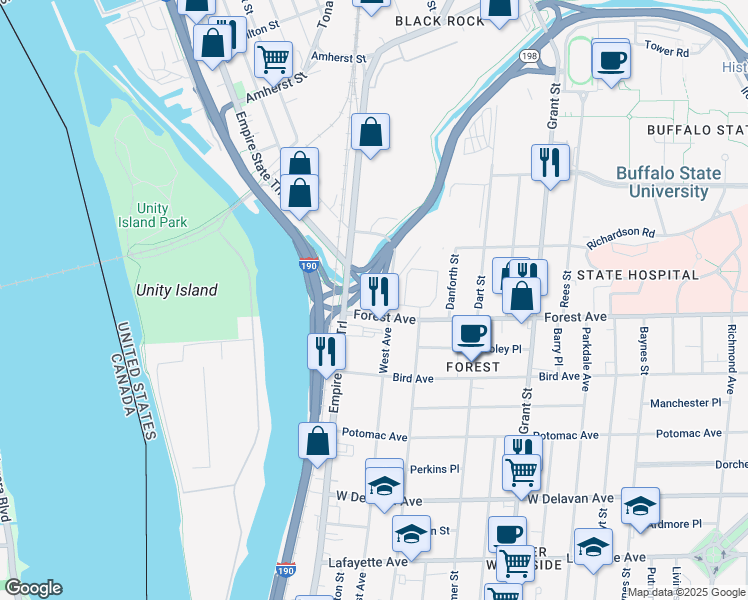 map of restaurants, bars, coffee shops, grocery stores, and more near 1599 Niagara Street in Buffalo