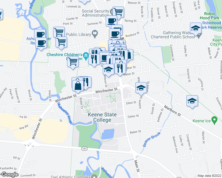 map of restaurants, bars, coffee shops, grocery stores, and more near 19 Winchester Street in Keene