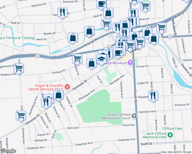 map of restaurants, bars, coffee shops, grocery stores, and more near 180 Genesee Street in Auburn