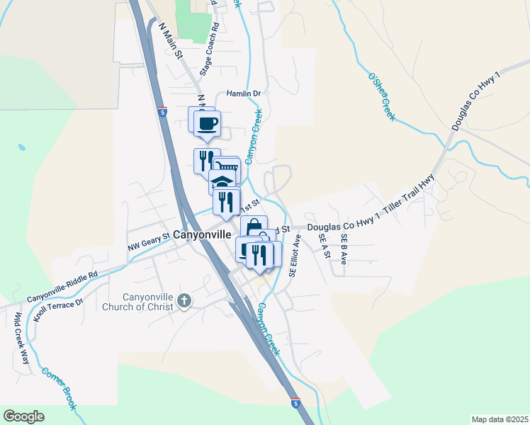 map of restaurants, bars, coffee shops, grocery stores, and more near 249 Southeast 2nd Street in Canyonville