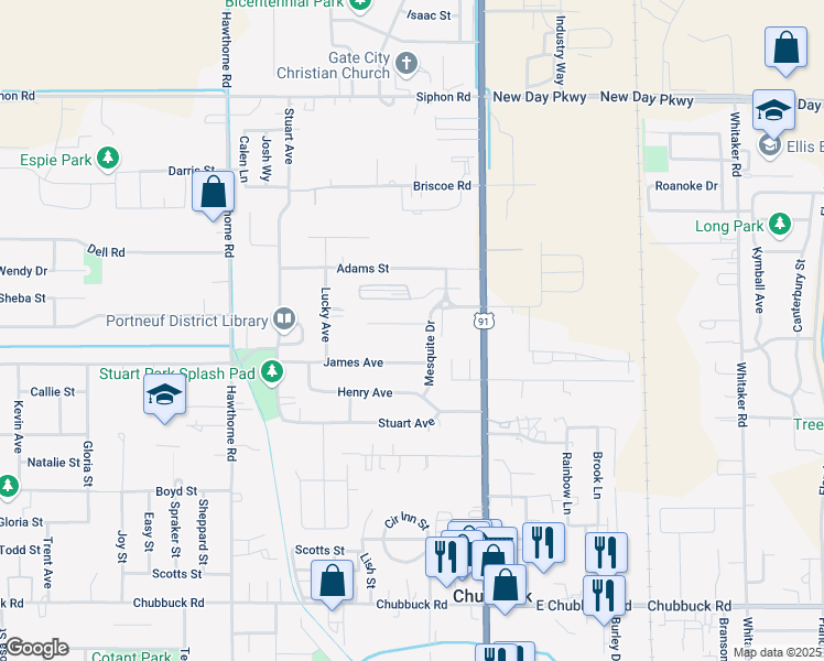 map of restaurants, bars, coffee shops, grocery stores, and more near 5213 Mesquite Drive in Chubbuck