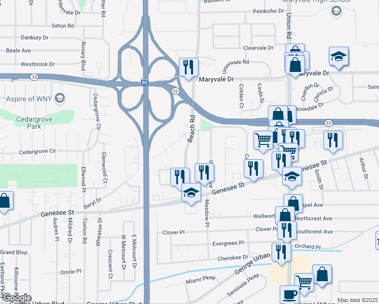 map of restaurants, bars, coffee shops, grocery stores, and more near 75 Beach Road in Buffalo