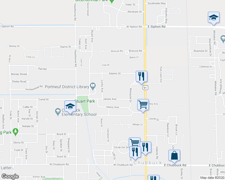 map of restaurants, bars, coffee shops, grocery stores, and more near 5253 Mesquite Drive in Pocatello