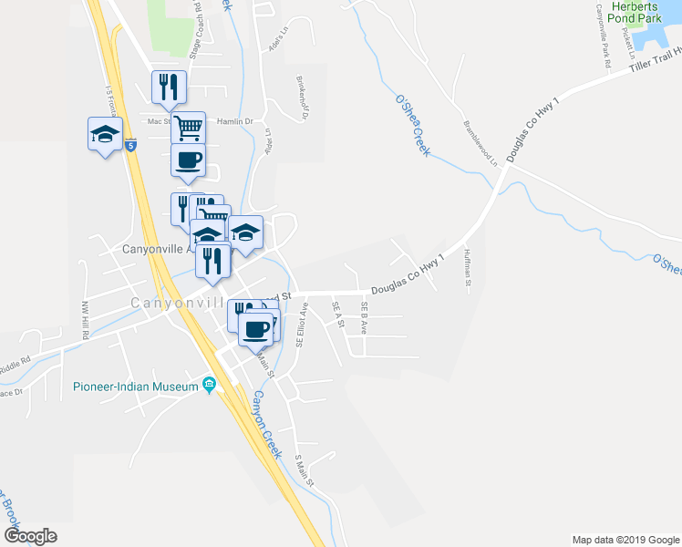 map of restaurants, bars, coffee shops, grocery stores, and more near 390 Maylea Place in Canyonville