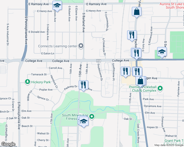 map of restaurants, bars, coffee shops, grocery stores, and more near 1324 Southtowne Court in South Milwaukee