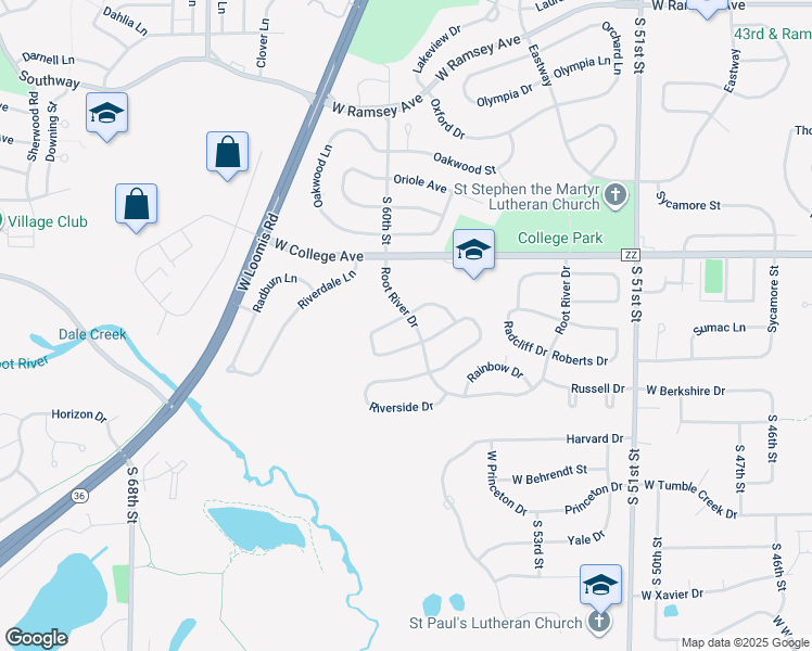 map of restaurants, bars, coffee shops, grocery stores, and more near 5805 Ramona Drive in Greendale