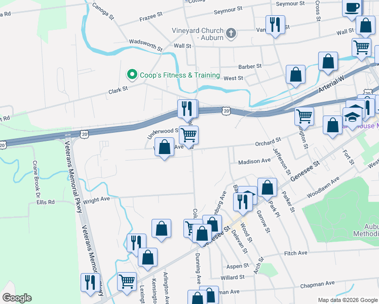 map of restaurants, bars, coffee shops, grocery stores, and more near 35 Columbus Street in Auburn
