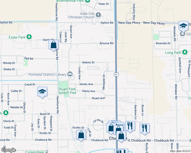 map of restaurants, bars, coffee shops, grocery stores, and more near 5229 Mesquite Drive in Chubbuck