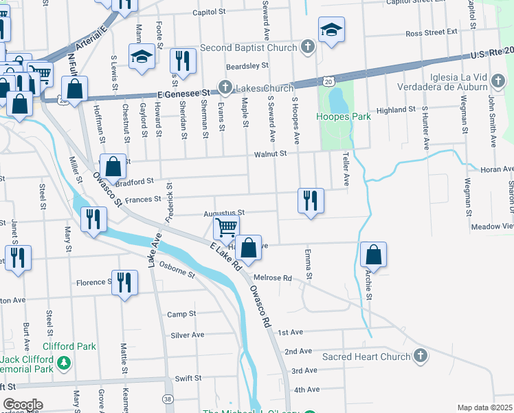 map of restaurants, bars, coffee shops, grocery stores, and more near 43 Augustus Street in Auburn