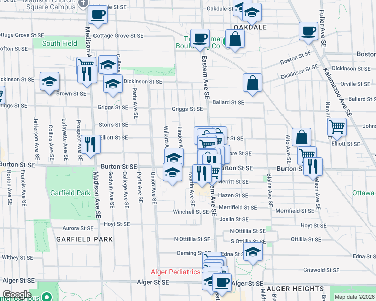map of restaurants, bars, coffee shops, grocery stores, and more near 711 Ardmore Street Southeast in Grand Rapids