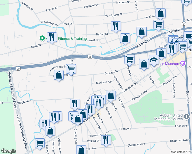 map of restaurants, bars, coffee shops, grocery stores, and more near 88 Orchard Street in Auburn