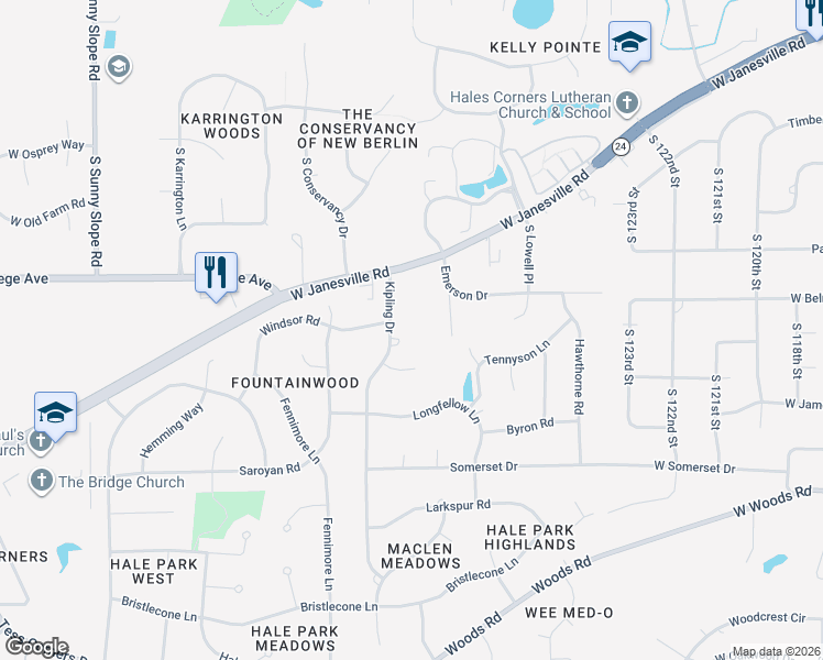 map of restaurants, bars, coffee shops, grocery stores, and more near W130S6404 Kipling Drive in Muskego