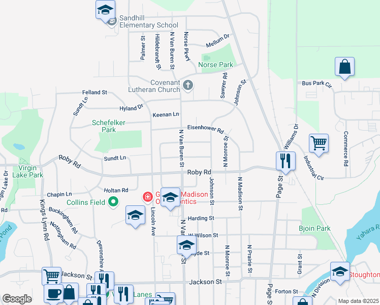 map of restaurants, bars, coffee shops, grocery stores, and more near 1105 North Van Buren Street in Stoughton