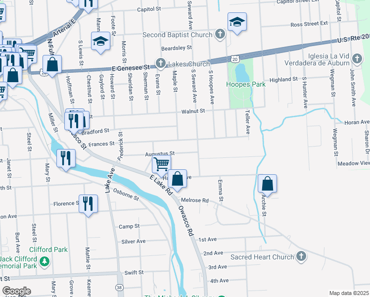 map of restaurants, bars, coffee shops, grocery stores, and more near 43 Augustus Street in Auburn
