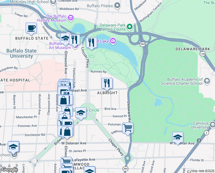 map of restaurants, bars, coffee shops, grocery stores, and more near 149 Windsor Avenue in Buffalo
