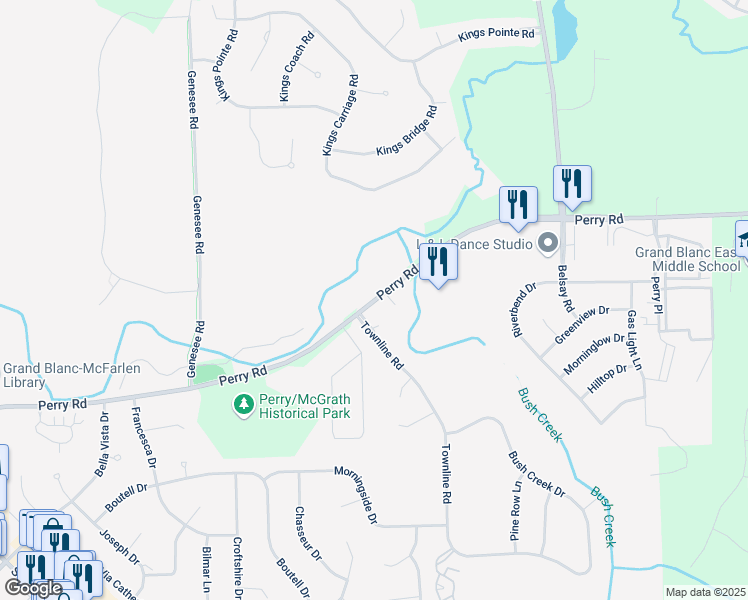 map of restaurants, bars, coffee shops, grocery stores, and more near 5216 Perry Road in Grand Blanc