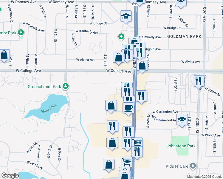 map of restaurants, bars, coffee shops, grocery stores, and more near 6361 South 27th Street in Franklin