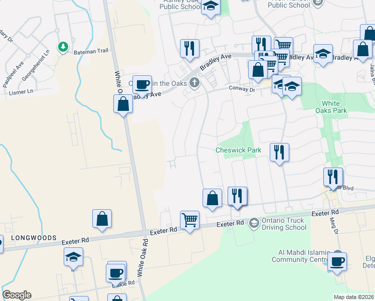 map of restaurants, bars, coffee shops, grocery stores, and more near 99 Conway Lane in London