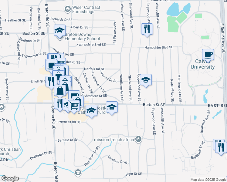 map of restaurants, bars, coffee shops, grocery stores, and more near 2734 Abigail Street Southeast in Grand Rapids