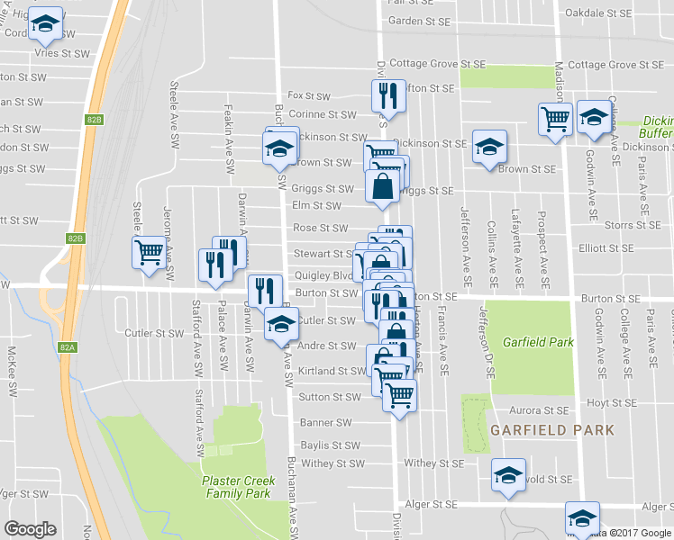 map of restaurants, bars, coffee shops, grocery stores, and more near 61 Quigley Boulevard Southwest in Grand Rapids