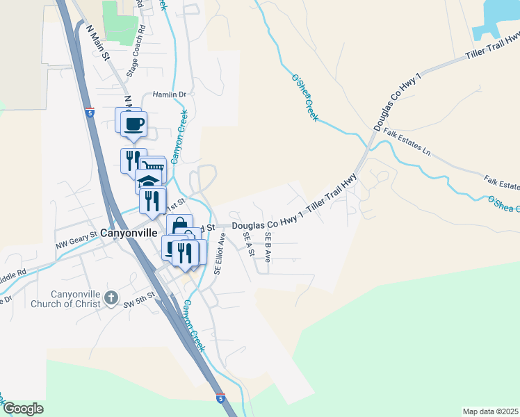 map of restaurants, bars, coffee shops, grocery stores, and more near 345 Maylea Place in Canyonville