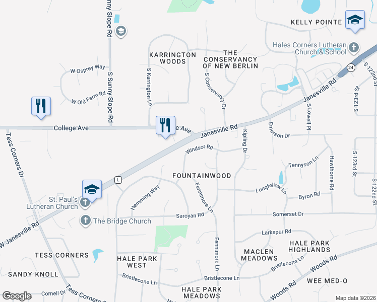 map of restaurants, bars, coffee shops, grocery stores, and more near W134S6419 Windsor Road in Muskego