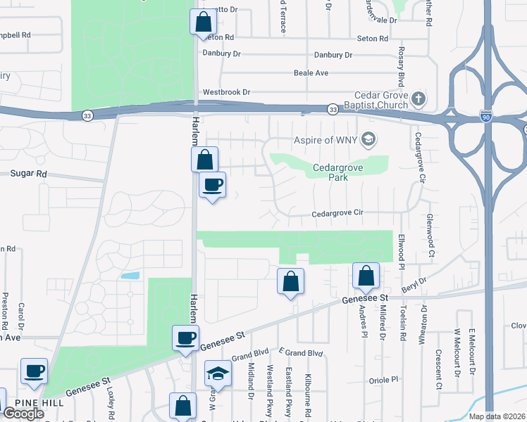map of restaurants, bars, coffee shops, grocery stores, and more near 16A-D Trent Square in Cheektowaga