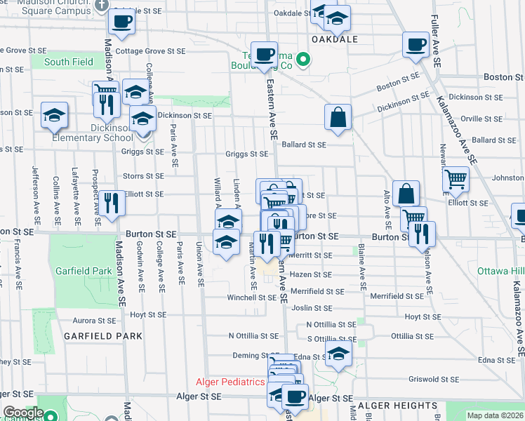 map of restaurants, bars, coffee shops, grocery stores, and more near 731 Ardmore Street Southeast in Grand Rapids