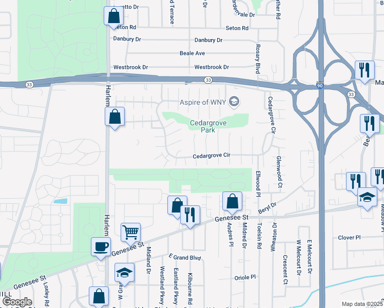 map of restaurants, bars, coffee shops, grocery stores, and more near 12 Starcrest Drive in Buffalo