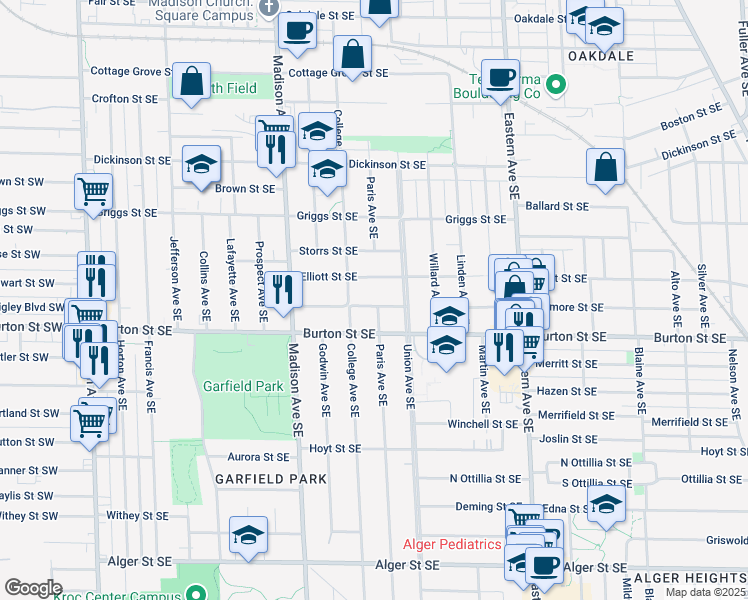 map of restaurants, bars, coffee shops, grocery stores, and more near 525 Ardmore Street Southeast in Grand Rapids