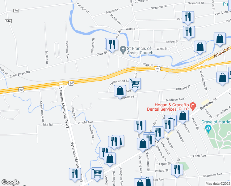 map of restaurants, bars, coffee shops, grocery stores, and more near 42 Wallace Avenue in Auburn