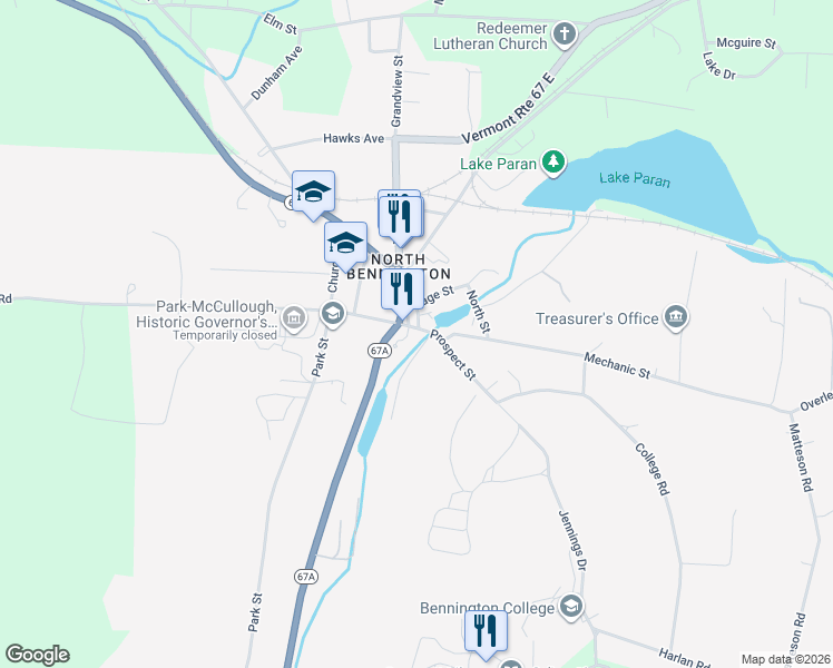map of restaurants, bars, coffee shops, grocery stores, and more near 7 Prospect Street in Bennington County