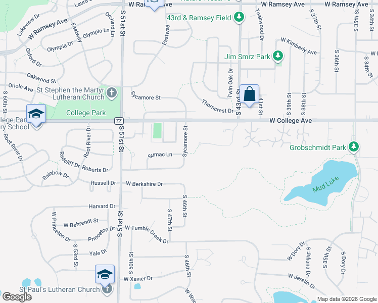 map of restaurants, bars, coffee shops, grocery stores, and more near 6434 Sycamore Street in Greendale