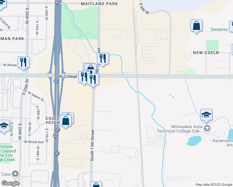 map of restaurants, bars, coffee shops, grocery stores, and more near 6440 South 13th Street in Milwaukee