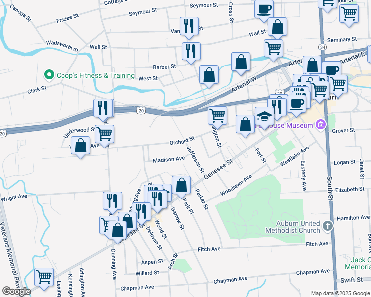 map of restaurants, bars, coffee shops, grocery stores, and more near 21 Jefferson Street in Auburn