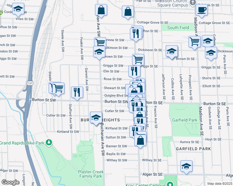map of restaurants, bars, coffee shops, grocery stores, and more near 107 Quigley Boulevard Southwest in Grand Rapids