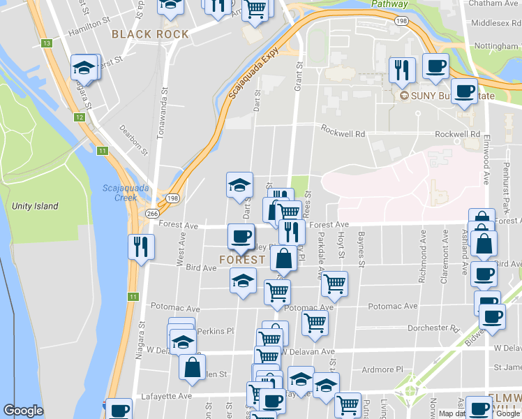 map of restaurants, bars, coffee shops, grocery stores, and more near 26 Hawley Street in Buffalo